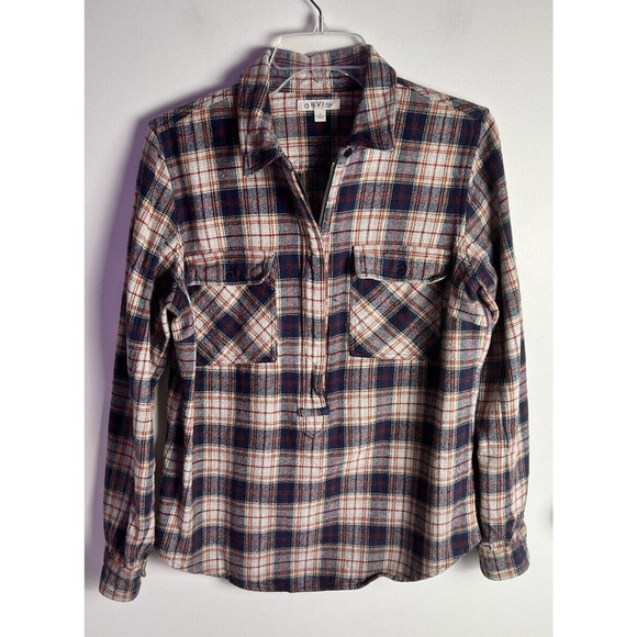 Orvis Tops - Orvis Flannel Pullover Shirt Womens Sz M Plaid Blue & Beige 1/2 Zip